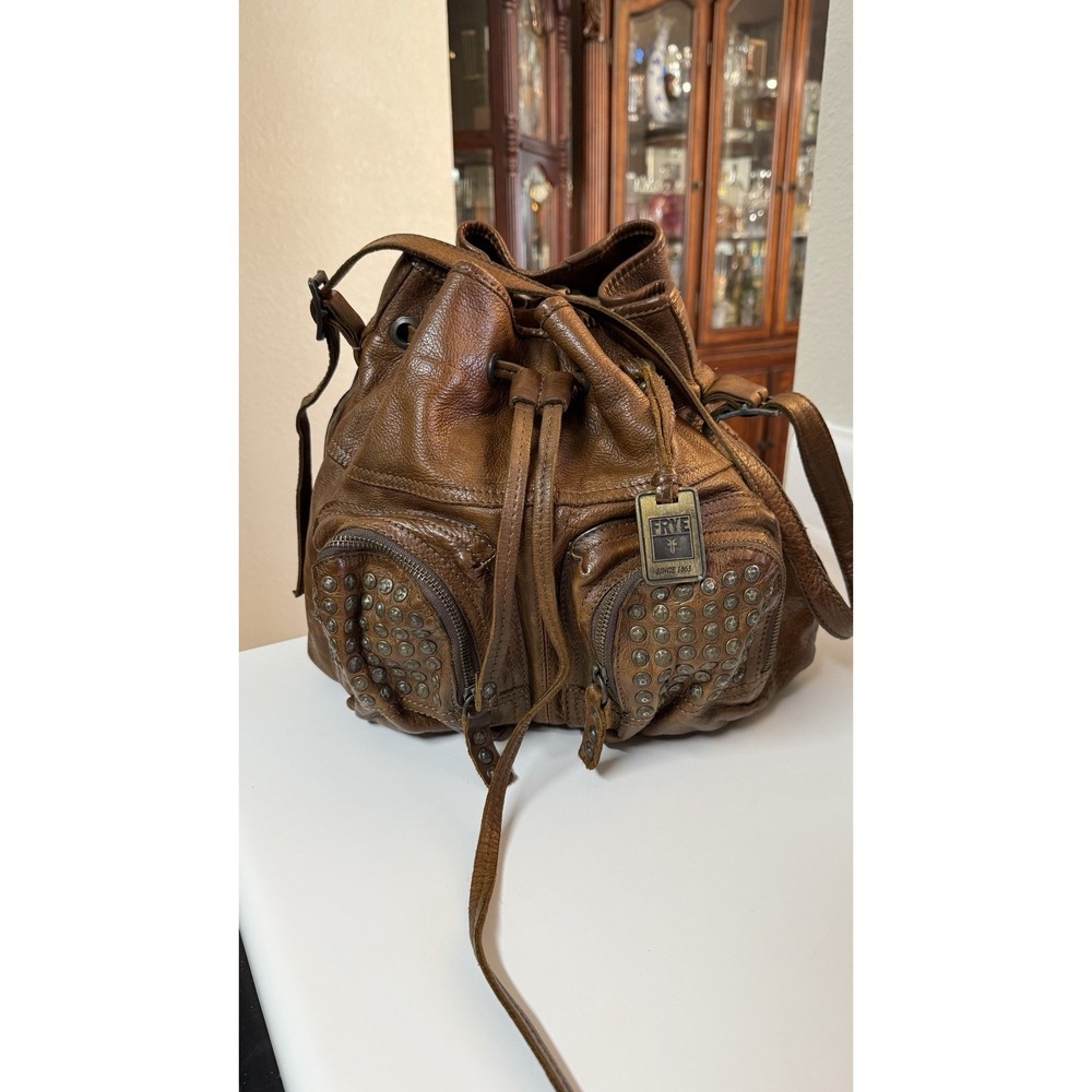 Frye Brooke Studded Bucket Bag Brown Leather Drawstring Shoulder Boho Western